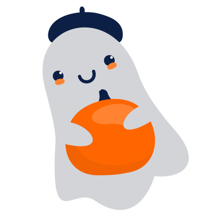 A Halloween flying ghost in a beret holds a pumpkin.のイラスト素材