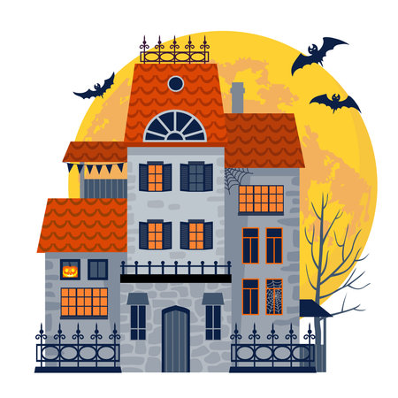 Halloween haunted house with the moon in the background.のイラスト素材
