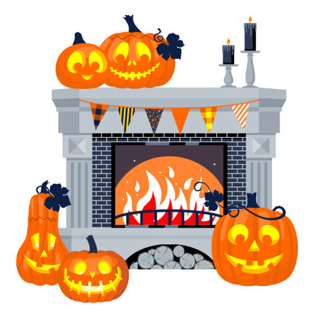 Halloween fireplace with cheerful pumpkins and black candles.のイラスト素材