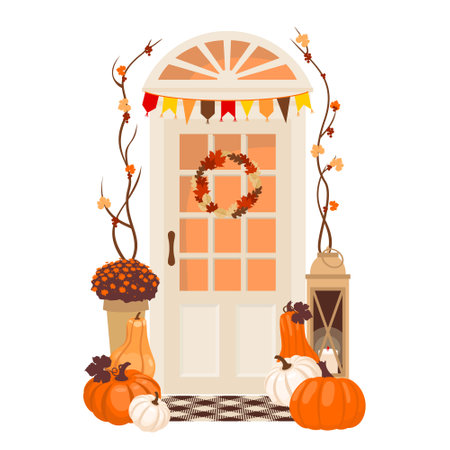 Front door with a decoration of pumpkins and autumn garland. Autumn threshold decoration - pumpkin arrangement , flower pot, lantern, candle .のイラスト素材