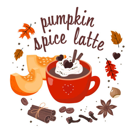 Pumpkin spice latte: red Cup of coffee with cream, cinnamon, clove spice, star anise, coffee beans, autumn oak leaves, hazelnut, lettering. Vector illustrations on a white background isolated.のイラスト素材