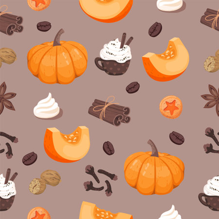 Background pumpkin spice latte: a Cup of hot coffee with cream, marshmallows, meringues, pumpkin, pumpkin slices, clove spice, cinnamon, star anise, coffee beans. Autumn seamless pattern, vector.のイラスト素材
