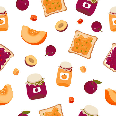 Pumpkin mood: pumpkin jam, toast with jam, pumpkin slice, pumpkin candied fruit, plum jam, plum. Seamless pattern, vector, white background.のイラスト素材