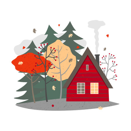 Red wooden house with heating among autumn trees, leaf fall. Vector illustration in a flat style on a white background isolated.のイラスト素材