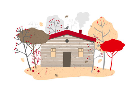 Wooden house with heating among autumn trees, leaf fall. Vector illustration in a flat style on a white background isolated.のイラスト素材