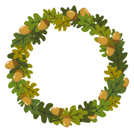 Oak wreath with green leaves and acorns. Illustrated clipart.のイラスト素材