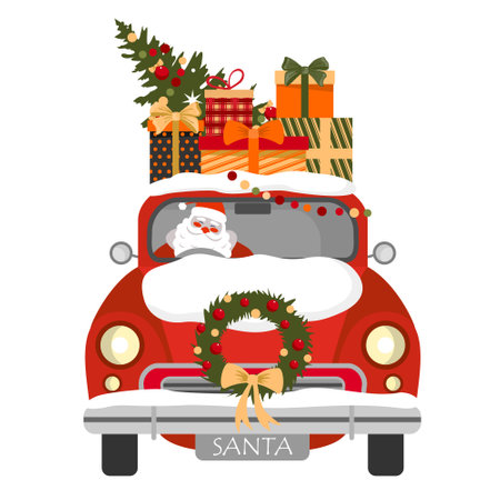 Santa delivers presents in a red retro car. Red Santa car with presents in front.のイラスト素材