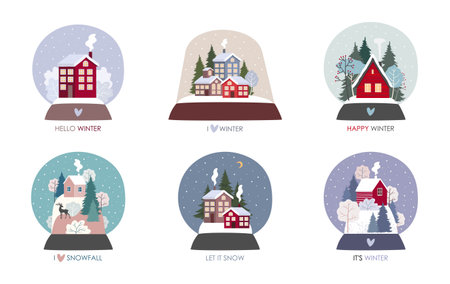 A set of glass balls with a winter landscape. Snow forest and houses.のイラスト素材