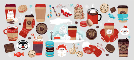 WINTER COFFEE TO GO set: coffee in paper cups, snowfall, mittens, Cup in a knitted scarf, coffee stickers, winter Park, cookies, macaroons, cute animals, chocolate. Vector isolated.のイラスト素材