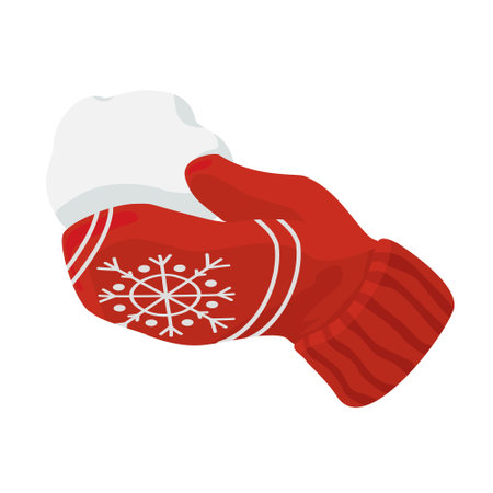 A hand in a red mitten holds a snowball. Vector, white background, isolated.のイラスト素材