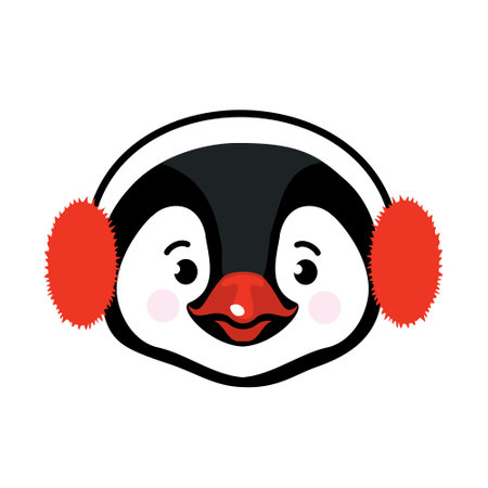 Cute face of a penguin in a red furry headphone. Vector, white background, isolated.のイラスト素材