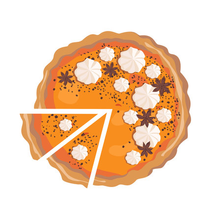 Pumpkin sliced pie with meringue and spice. Vector drawing on a white background isolated.のイラスト素材
