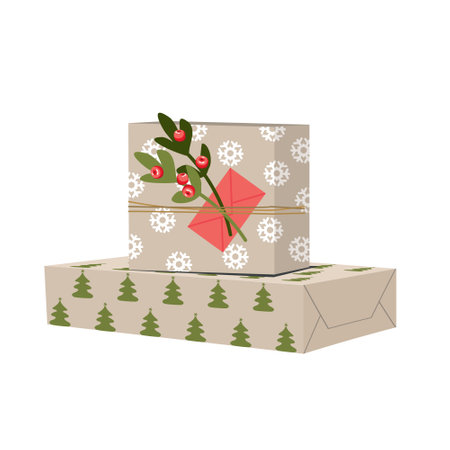 Christmas gifts in boxes and craft paper with a sprig of mistletoe in eco style. Vector, white background, isolated.のイラスト素材