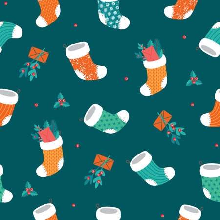 Christmas seamless pattern with socks and mistletoe. Vector, trending colors.のイラスト素材