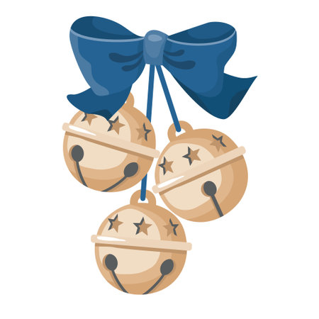 Christmas Golden bells tied with a blue bow. Vector, white background, isolated.のイラスト素材