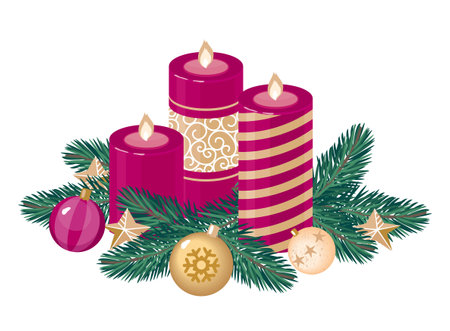 Christmas candles with balls, spruce branches in red and gold colors. Vector, white background, isolated.のイラスト素材