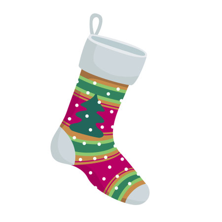Christmas sock for gifts in red and green colors. Vector, white background, isolated.のイラスト素材