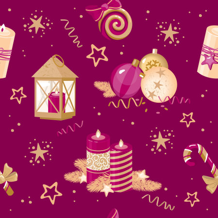 Christmas seamless pattern in gold and red tones with festive elements: stars, candles, lantern, serpentine, bells, bows, fir branches, Christmas balls, spiral caramel, caramel cane. Vector, isolated.のイラスト素材