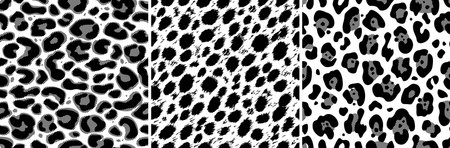 Animal seamless patterns set. Jaguar, leopard, cheetah skin texture in black and white colors. Stylized design for the Internet and print. For textiles, paper, wallpaper. Illustrated vector clipart.のイラスト素材