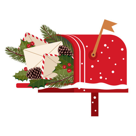 Red vintage Santa's mailbox. Christmas open mailbox with fir branches, holly and letters. Isolated vector clipart.のイラスト素材