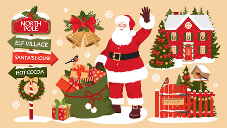 Christmas clipart set with Santa Claus. A road sign, Santa with a gift bag, a red house, bells, a decorated Christmas tree, bullfinches on a birdhouse. Illustrated vector clipart.のイラスト素材