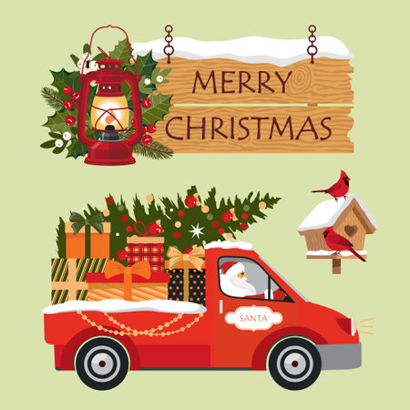 Christmas elements set. Santa's car delivers gifts in the trunk. Wooden hanging sign Merry Christmas! Red birds on a snow-covered birdhouse. Illustrated vector clipart.のイラスト素材