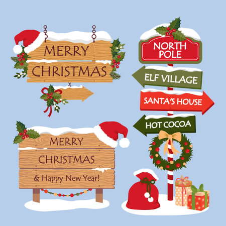 Christmas elements set. Snow-covered wooden signs and signs. A road sign with the text Merry Christmas and Santa hat. Illustrated vector clipart.のイラスト素材
