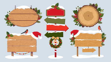 Christmas wooden empty signs and road signs set. Wooden sign decorated with holly and fir branches with Santa hat. A road sign with arrows. Illustrated vector clipart.のイラスト素材