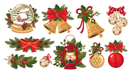 A large set of Christmas decorations. Fir garland, snow globe, bells, holly, mistletoe, glass balls, vintage lantern. Illustrated vector clipart.のイラスト素材