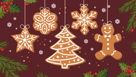 Hanging garland of Christmas gingerbread. A set of gingerbread cookies of different shapes. Gingerbread garland on a background of pine branches and holly leaves. Illustrated vector clipart.のイラスト素材