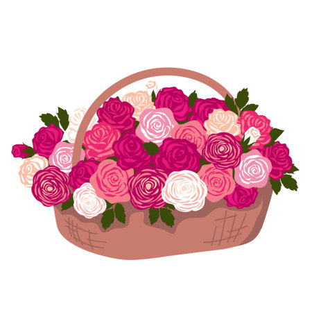 A large wicker basket with an armful of colorful roses. Flower basket with flowers. A bouquet of roses in a basket. Illustrated vector clipart.のイラスト素材