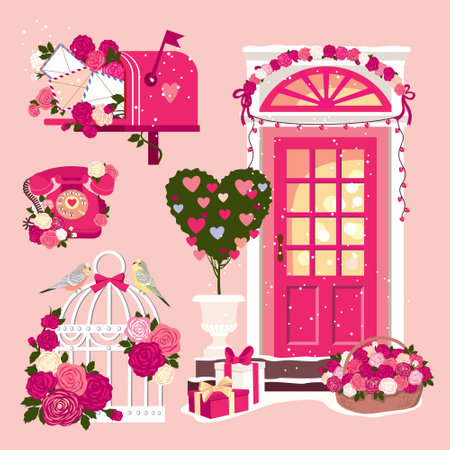 A set of romantic vector illustrations for Valentine's Day. Vintage phone, flowers, a cage with loving parrots, decorated front door, vintage mailbox. Illustrated vector clipart.のイラスト素材