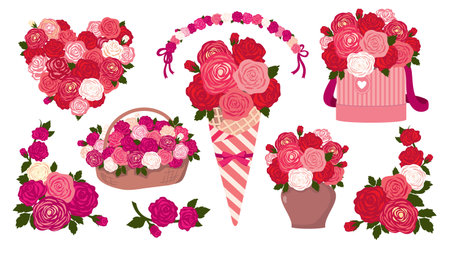 A set of compositions of various roses, bouquets, baskets, vases, garlands of roses. A romantic collection of roses of various colors. Illustrated vector clipart.のイラスト素材