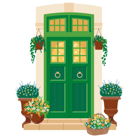 The green front door is decorated with potted flowers. The green entrance door with stone steps in the villa. Vector clipart.のイラスト素材
