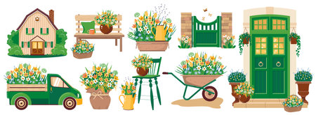A set of illustrations of a spring rural scene with a cottage, a bench, a fence and flowers. A car with daffodils and tulips in the trunk. The front door with flowers. Vector clipart.のイラスト素材