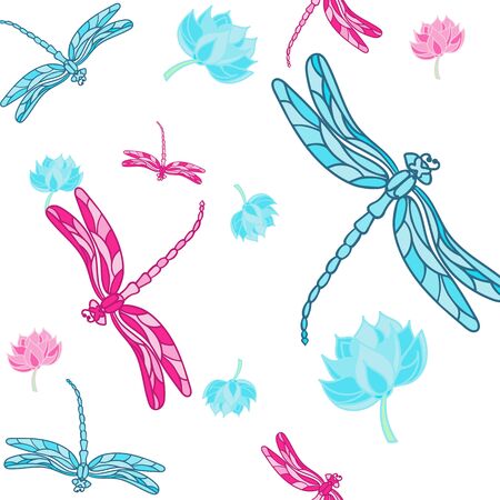 Abstract seamless pattern with dragonflies on light background with Colorful lotus. Cartoon vector illustration.のイラスト素材