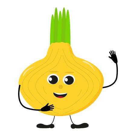 Cute happy yellow onion characters. Vector flat illustration isolated on white background. Doodle character cartoon yellow onion. Vegan vector icon. Vegetarian food. Vector illustrationのイラスト素材