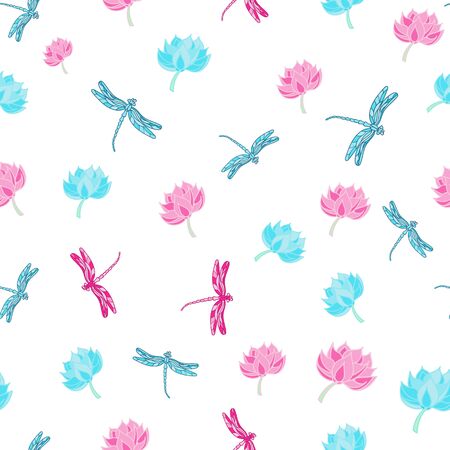 Abstract seamless pattern with dragonflies on light background with Colorful lotus. Template with dragonflies.のイラスト素材