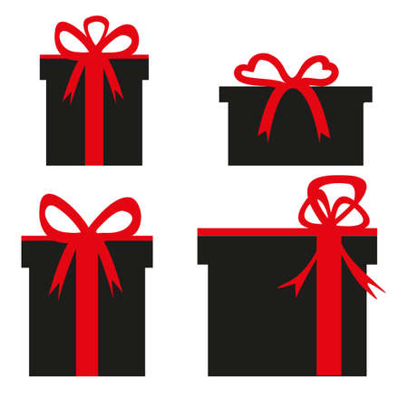 Gift Boxes black color set with red Ribbon. Holiday Christmas gift box. Present box icon. Xmas present.のイラスト素材