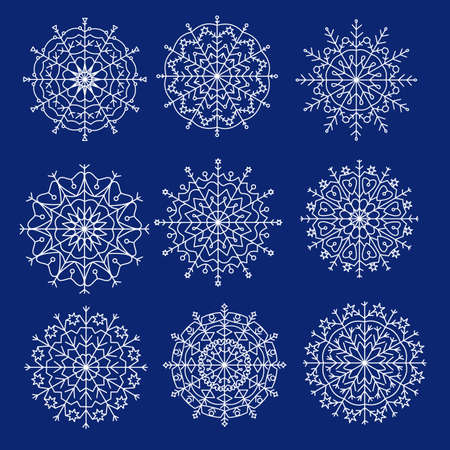 Snowflake white vector icon set on color blue background. Winter white Christmas snowflake crystal element.のイラスト素材