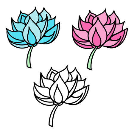 Set of color lotus flower in beautiful style. Isolated vector icon. Illustration of lotus flower pink and turquoise logo vector isolated on white background. Nature line drawing.のイラスト素材