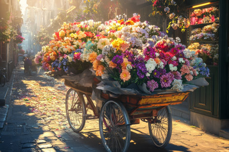 Colorful flower cart filled with roses and blooms, romance and elegance, concept of floristry, outdoor decor, lifestyle.の写真素材