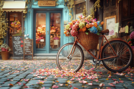 Charming scene of a vintage bicycle with a basket full of colorful flowers parked on a street near a flower shopの写真素材