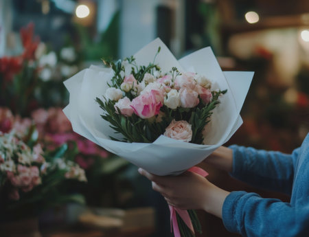 Close-up of receiving a beautifully wrapped bouquet of pink roses in a warmly lit flower shop,の写真素材