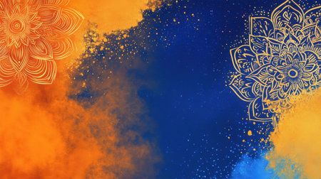 Vibrant abstract background with blue and orange color splashes featuring intricate mandala...