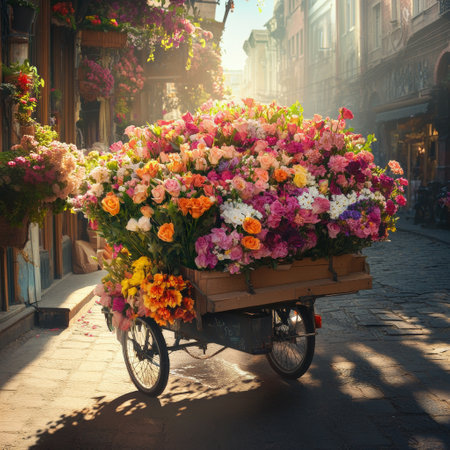 Colorful flower cart filled with roses and blooms on a street romance and elegance, concept of floristry, outdoor decorの写真素材