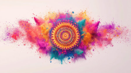 Mandala design surrounded by an explosion of colorful Holi powder festivity spirituality and...