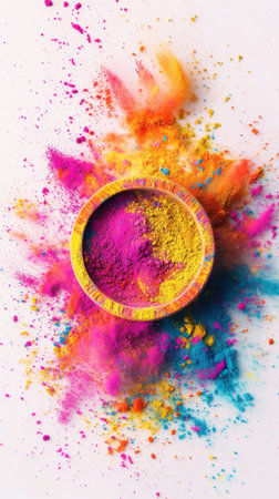 Holi festival powder in pink yellow blue from a wooden bowl creating a explosion of color with space...