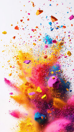 Dynamic burst of vibrant colored powder in mid-air featuring pink yellow blue and orange particles with space for textの写真素材