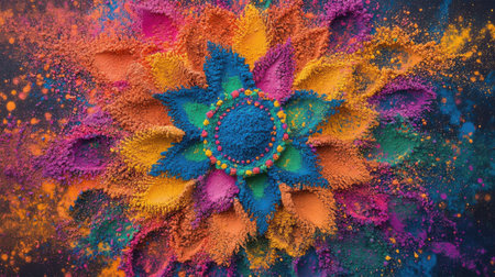 Mandala style Rangoli design created with colorful Holi powder patterns and festive energy on a dark backgroundの写真素材